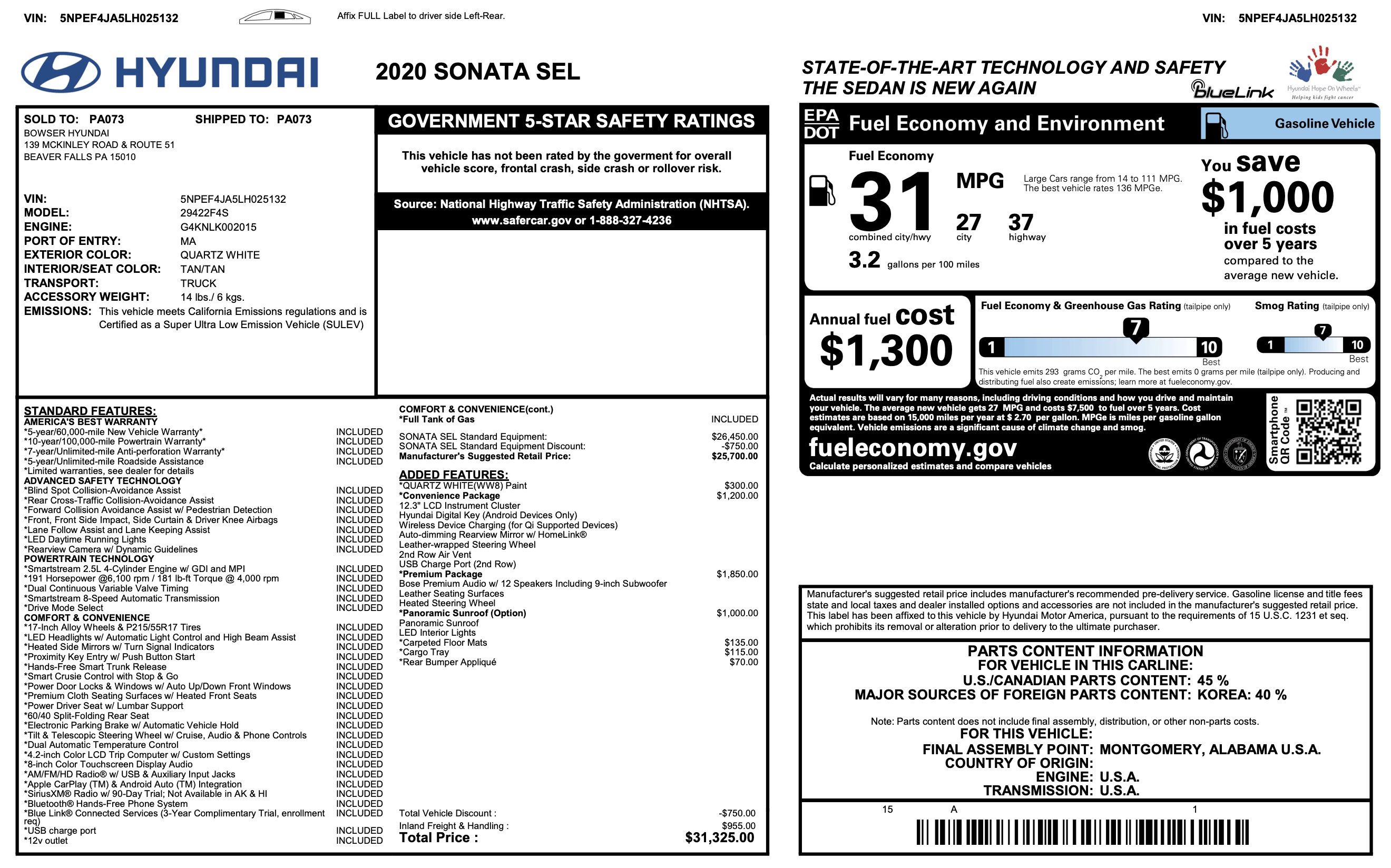 Used 2020 Hyundai Sonata SEL w/ Premium + Sunroof Package FWD image 2