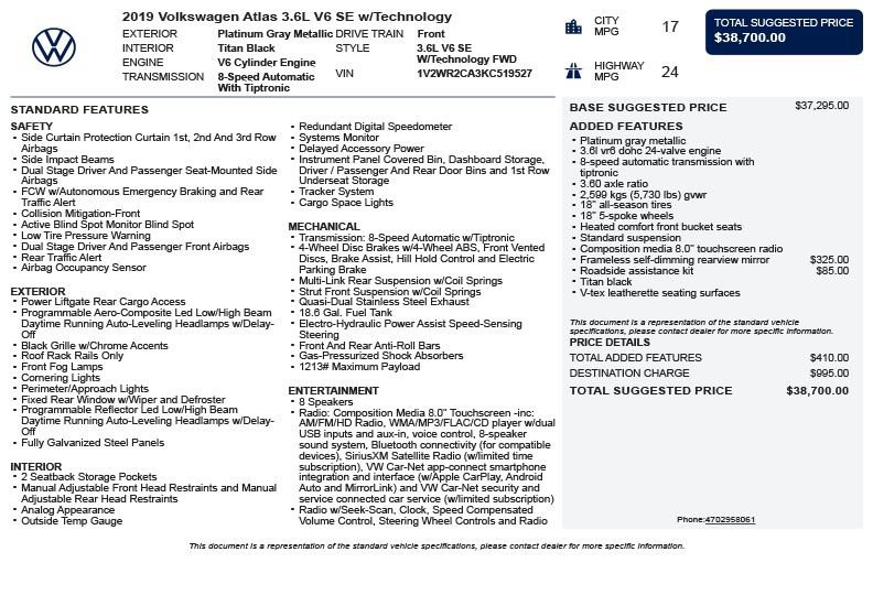 Used 2019 Volkswagen Atlas SE w/ Towing Package FWD image 3