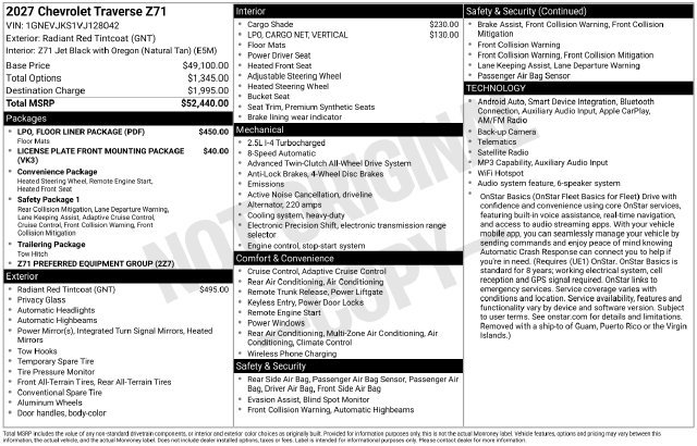 New 2027 Chevrolet Traverse Z71 w/ LPO, Floor Liner Package AWD/4WD image 6