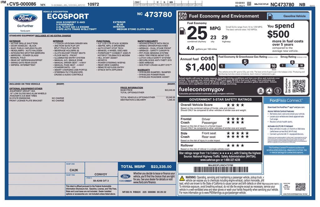 Certified 2022 Ford EcoSport S AWD/4WD image 5
