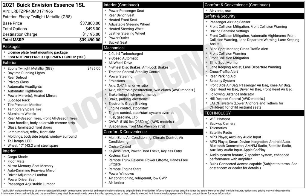 Certified 2021 Buick Envision Essence AWD/4WD image 39