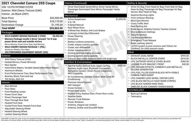Certified 2021 Chevrolet Camaro SS w/ Wild Cherry Design Package 2 RWD image 2