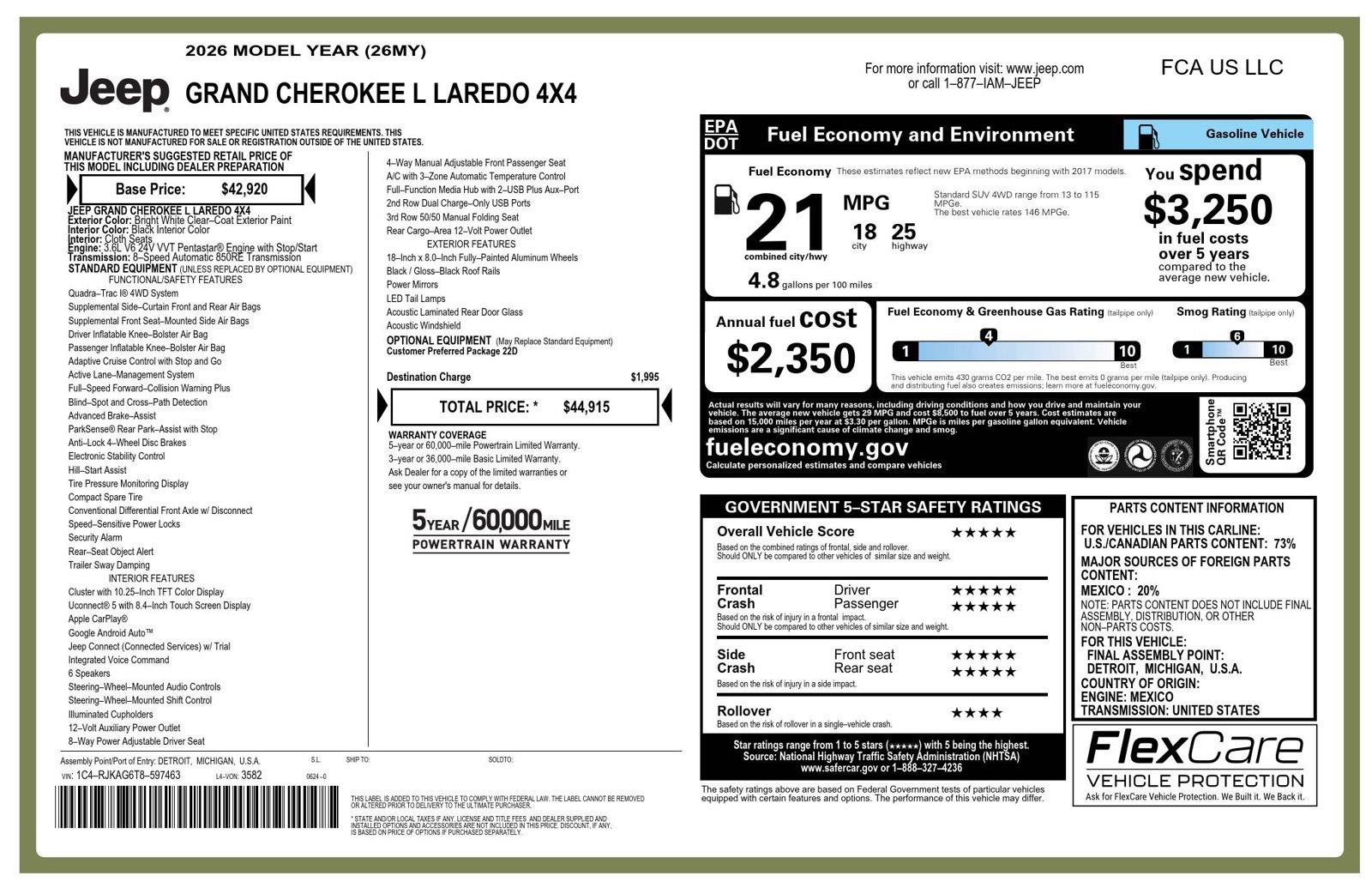 New 2026 Jeep Grand Cherokee L Laredo AWD/4WD image 32