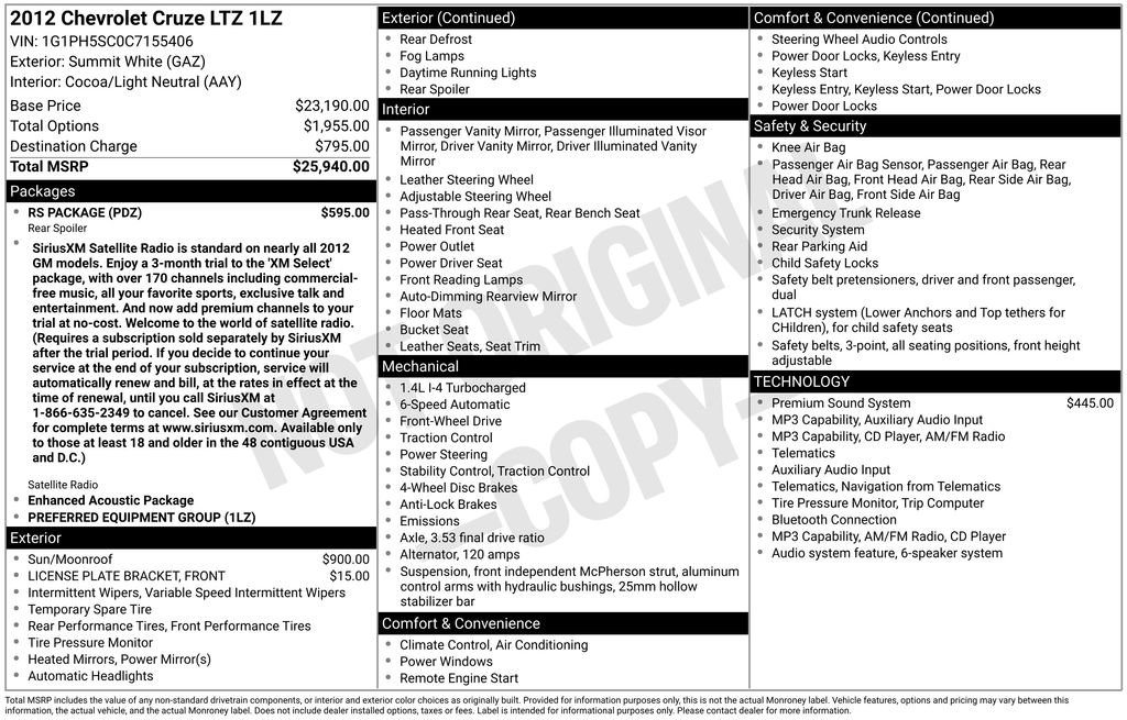 Used 2012 Chevrolet Cruze LTZ w/ RS Package FWD image 33