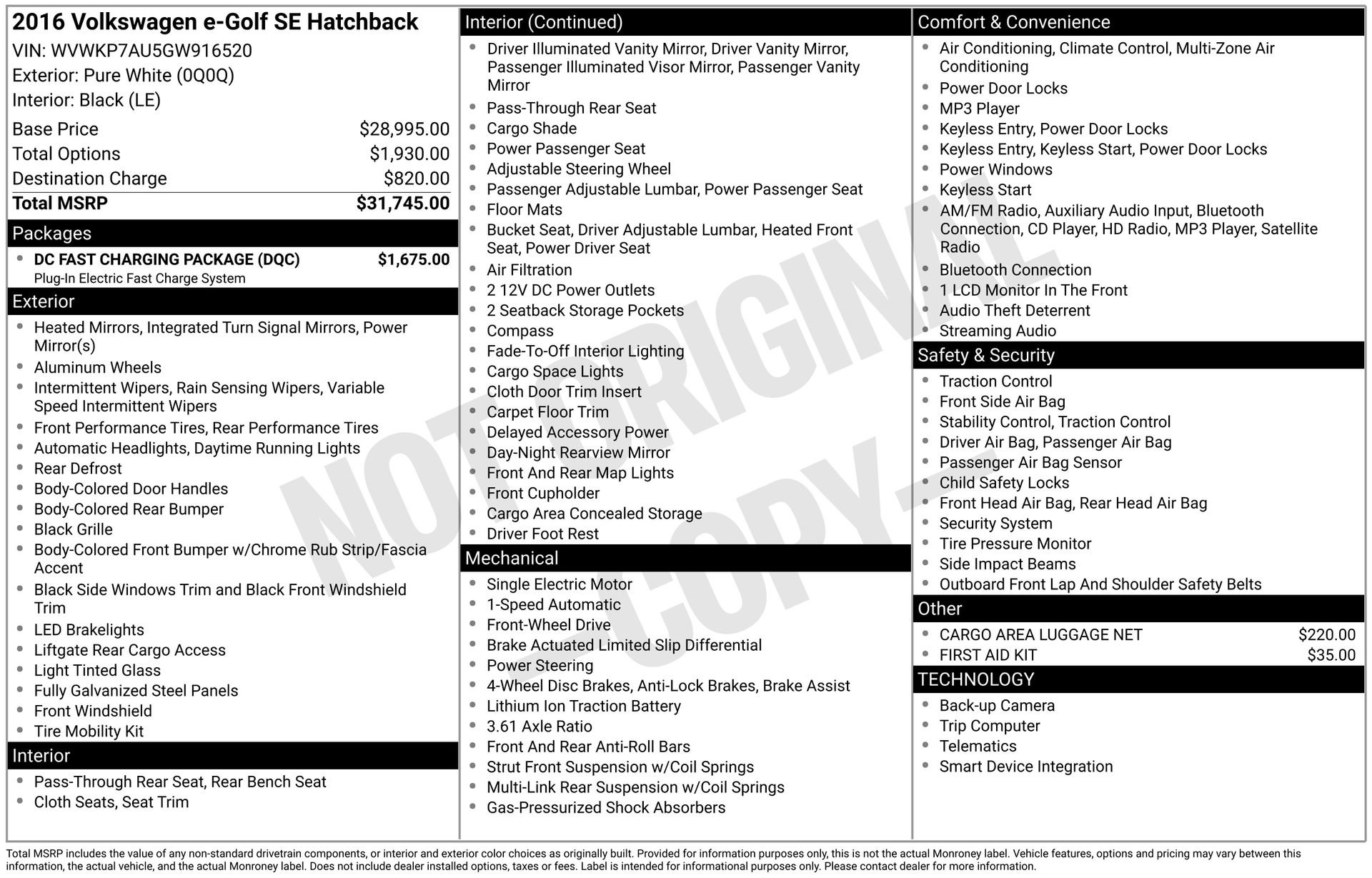 Used 2016 Volkswagen e-Golf SE w/ DC Fast Charging Package FWD image 7