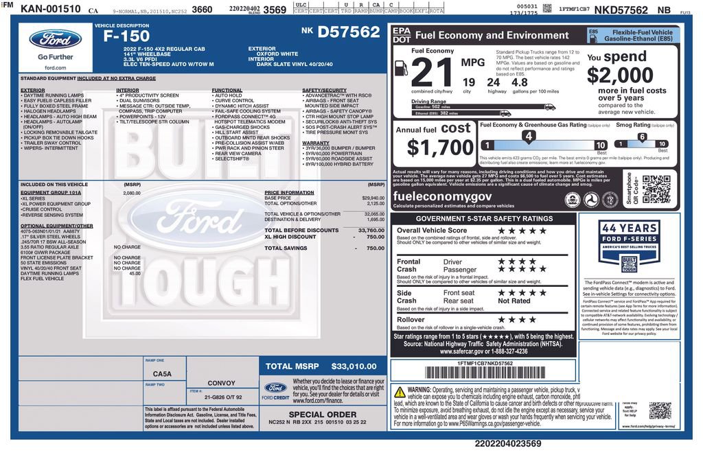 Certified 2022 Ford F150 XL w/ Equipment Group 101A High image 3