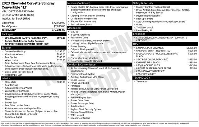 Certified 2023 Chevrolet Corvette Stingray Convertible w/ LPO, Roadside Safety Package image 30