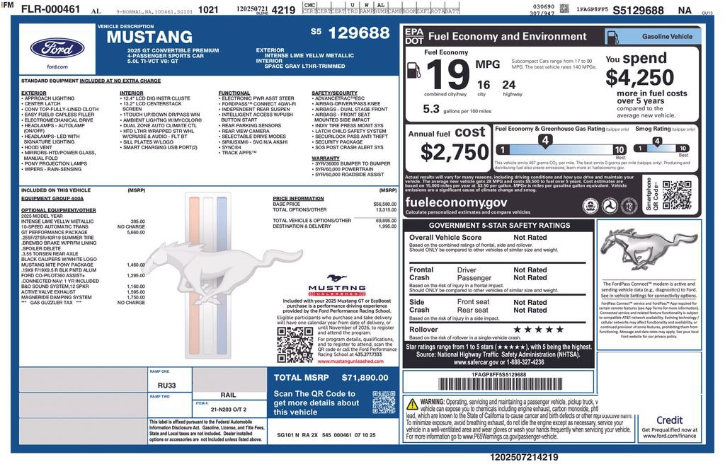 Certified 2025 Ford Mustang GT Premium w/ GT Performance Package RWD image 5