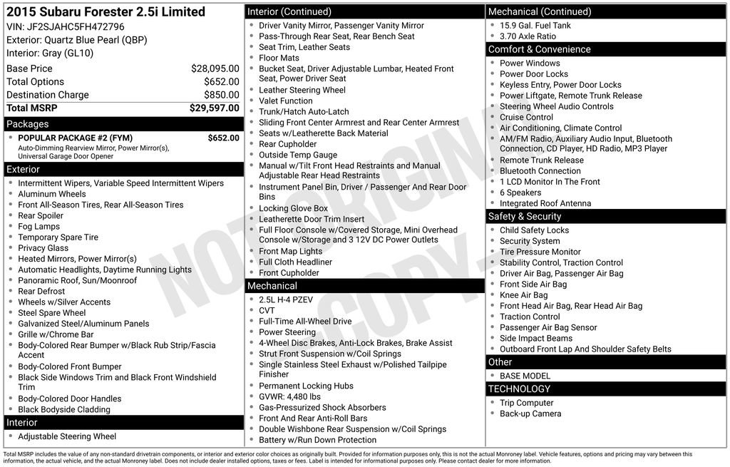 Used 2015 Subaru Forester 2.5i Limited w/ Popular Package #2 image 30