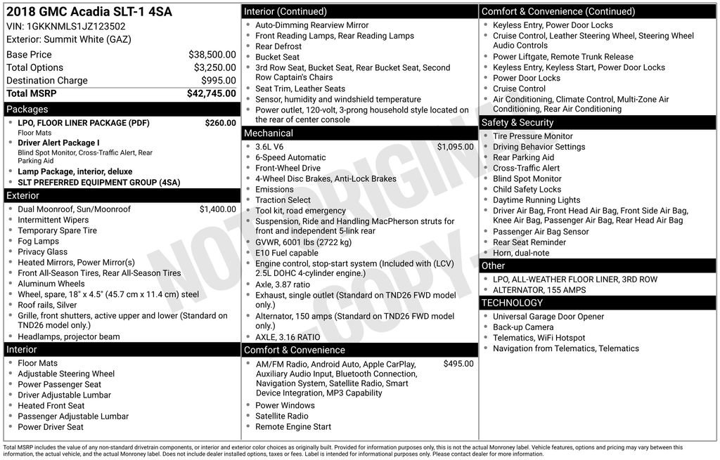 Certified 2018 GMC Acadia SLT w/ LPO, Floor Liner Package FWD image 4