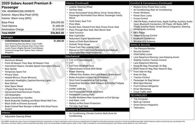 Used 2020 Subaru Ascent Premium w/ Convenience Package AWD/4WD image 4
