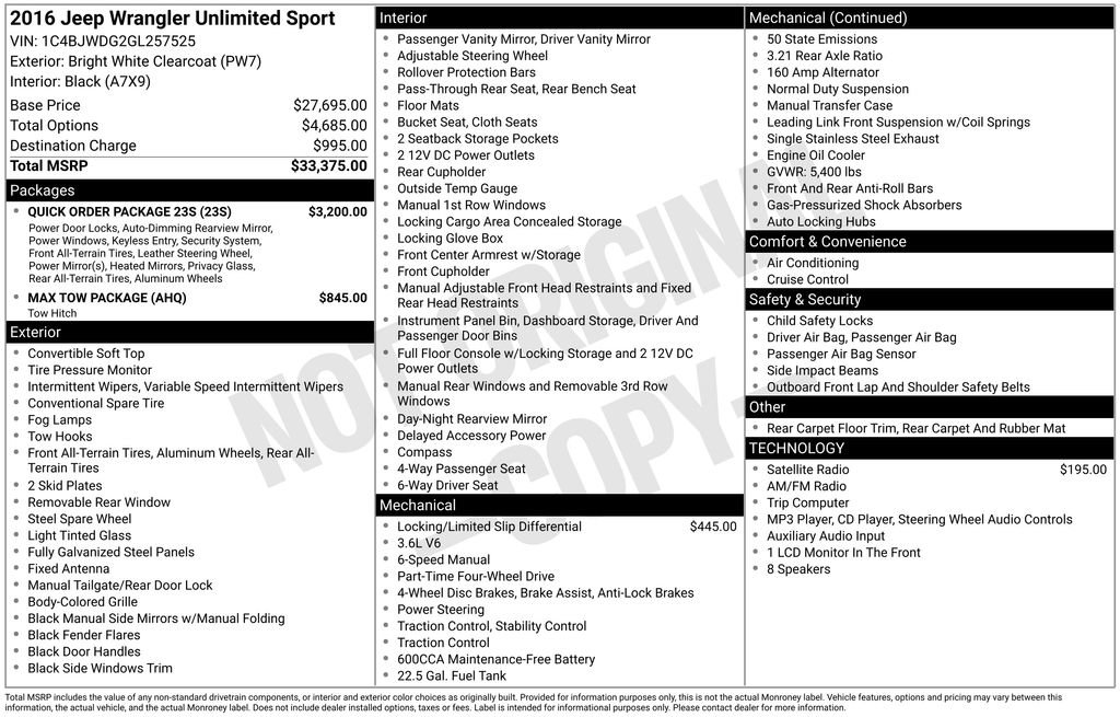 Used 2016 Jeep Wrangler Unlimited Sport w/ Quick Order Package 23S AWD/4WD image 6