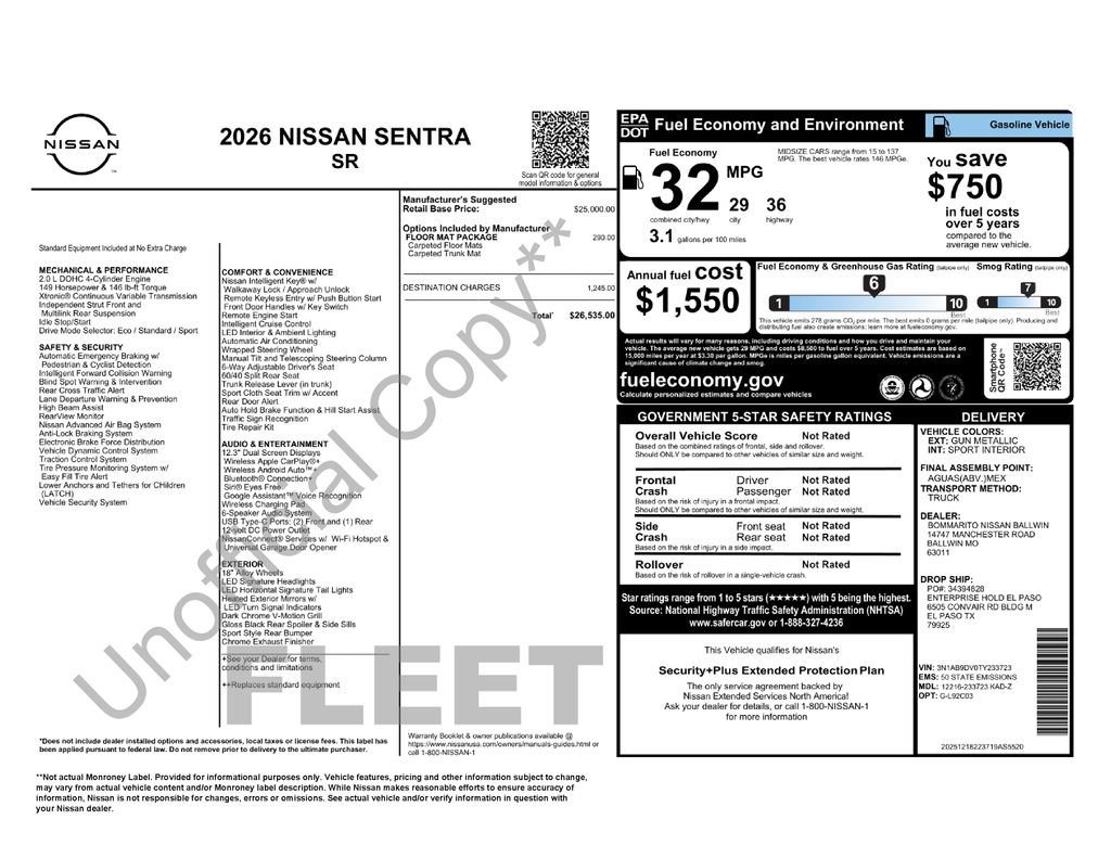 Used 2026 Nissan Sentra SR w/ Floor Mat Package FWD image 16