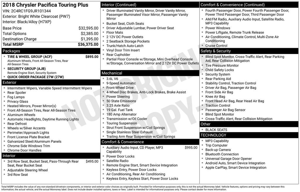 Used 2018 Chrysler Pacifica Touring Plus w/ Tire & Wheel Group FWD image 47