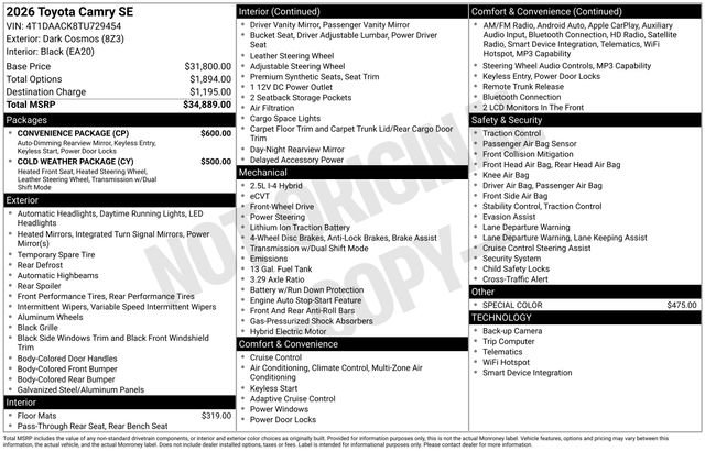 New 2026 Toyota Camry SE w/ Convenience Package image 4