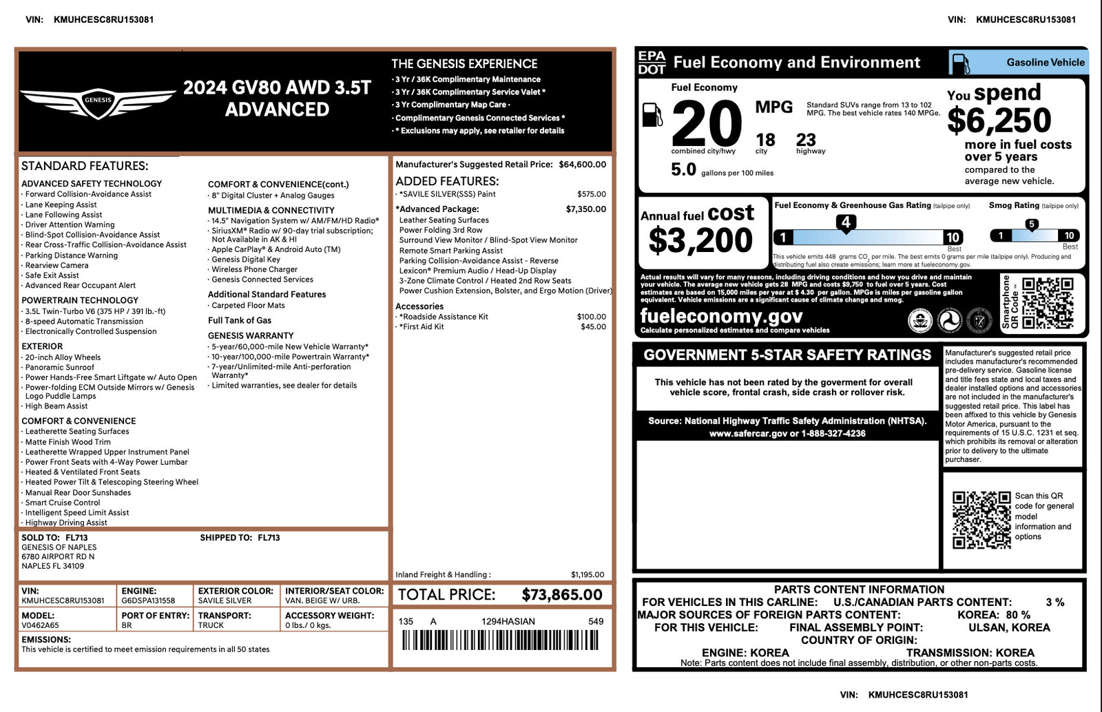 Certified 2024 Genesis GV80 3.5T Advanced w/ Advanced Package AWD/4WD image 3