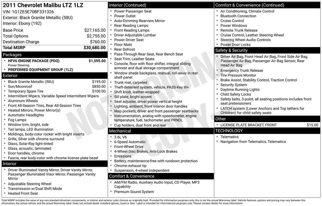 Used 2011 Chevrolet Malibu LTZ w/ HFV6 Engine Package FWD image 5