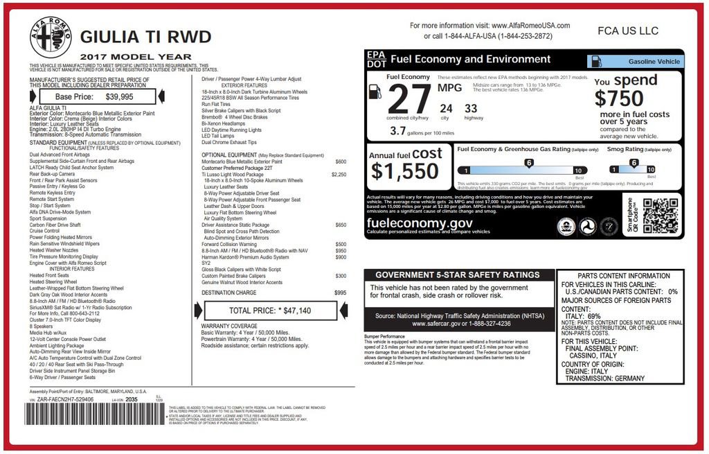 Used 2017 Alfa Romeo Giulia Ti w/ TI Lusso Light Wood Package RWD image 3