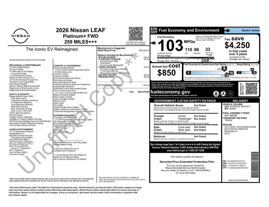 New 2026 Nissan Leaf Platinum+ w/ Cargo Package (Platinum+) FWD image 6