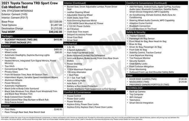 Certified 2021 Toyota Tacoma TRD Sport w/ Blackout Package (TMS) AWD/4WD image 32
