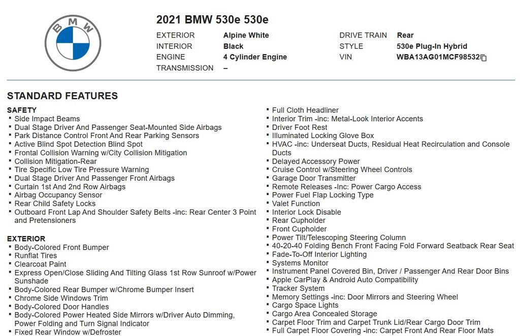 Used 2021 BMW 530e w/ Parking Assistance Package RWD image 18