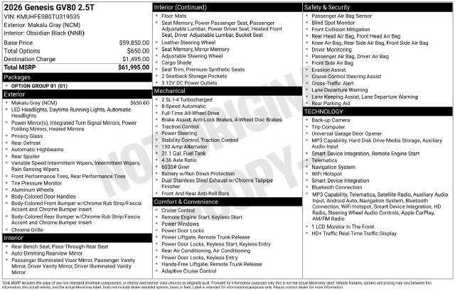 Certified 2026 Genesis GV80 2.5T AWD/4WD image 2