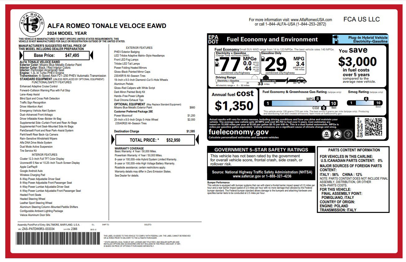 Used 2024 Alfa Romeo Tonale Veloce AWD/4WD image 1