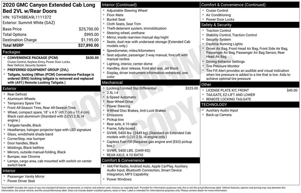 Certified 2020 GMC Canyon W/T w/ Convenience Package RWD image 10