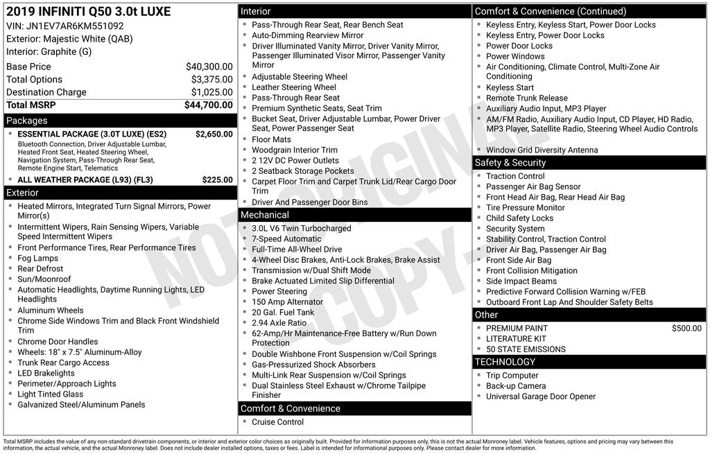 Used 2019 INFINITI Q50 Luxe w/ Essential Package (3.0T Luxe) image 6