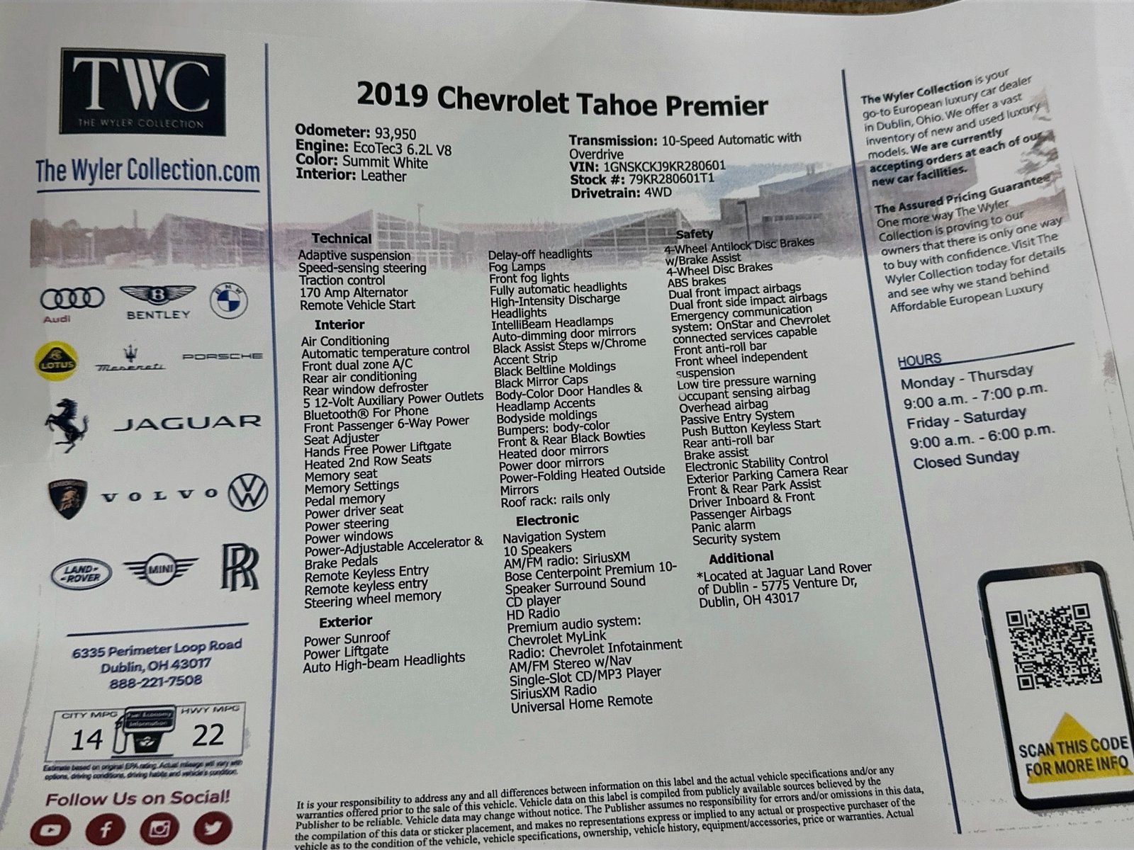 Used 2019 Chevrolet Tahoe Premier w/ RST 6.2L Performance Edition AWD/4WD image 48