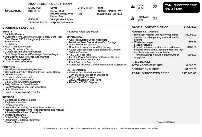 Used 2020 Lexus ES 350 F Sport w/ Accessory Package 2 image 3