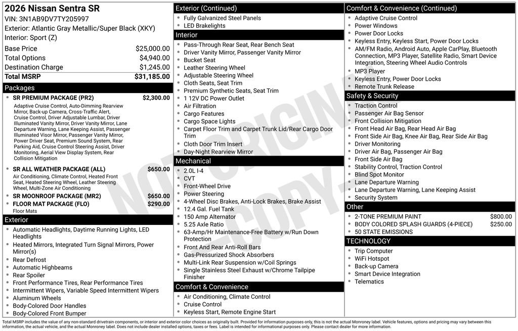 New 2026 Nissan Sentra SR w/ SR Premium Package FWD image 2