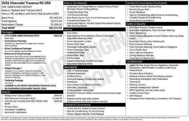 New 2026 Chevrolet Traverse RS w/ LPO, Floor Liner Package AWD/4WD image 3