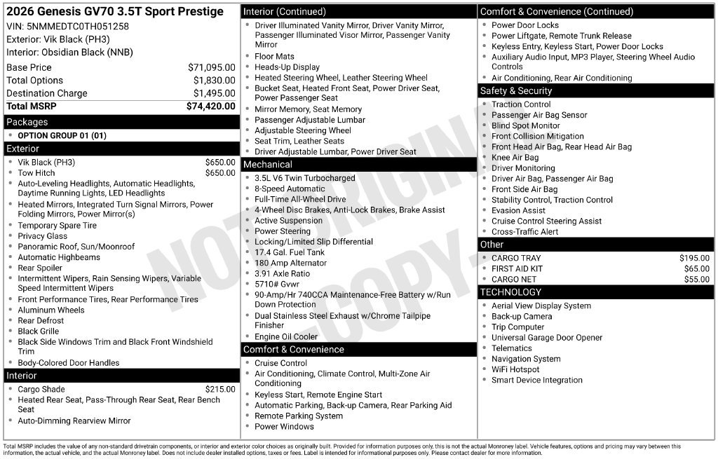 New 2026 Genesis GV70 3.5T Sport Prestige AWD/4WD image 14