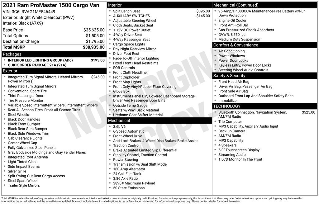 Used 2021 RAM ProMaster 1500 w/ Interior LED Lighting Group FWD image 9