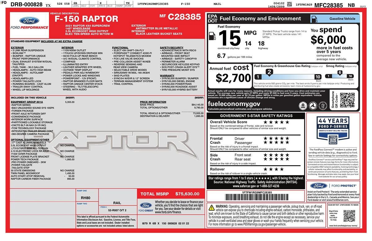 Used 2021 Ford F150 Raptor w/ Equipment Group 801A High AWD/4WD image 39