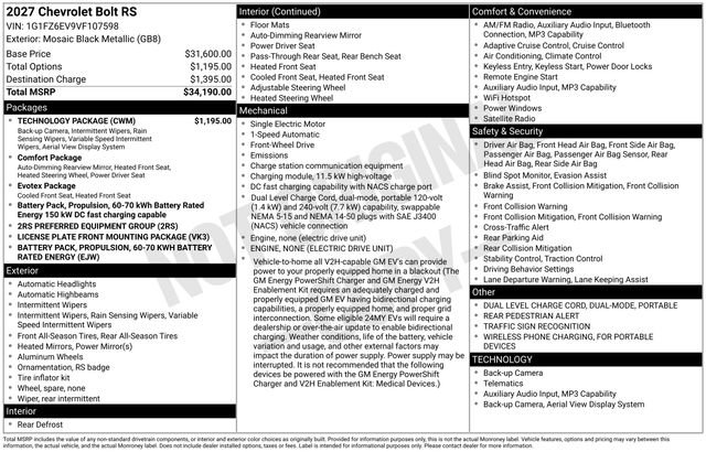 New 2027 Chevrolet Bolt RS w/ Technology Package FWD image 15