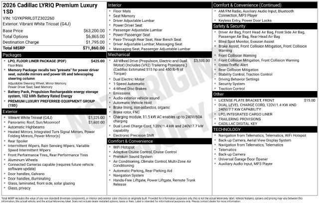 New 2026 Cadillac Lyriq Premium Luxury w/ LPO, Floor Liner Package AWD/4WD image 2