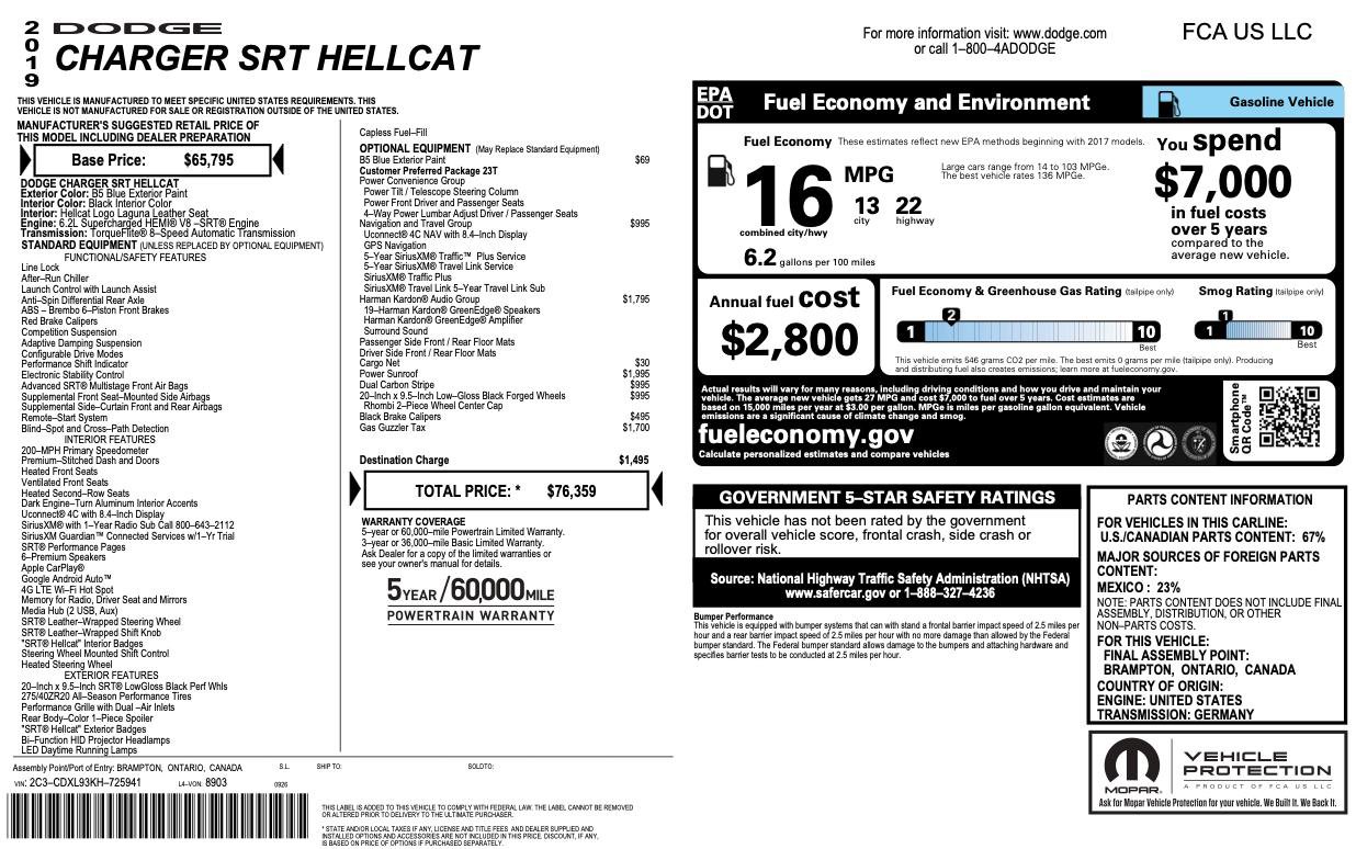 Used 2019 Dodge Charger SRT Hellcat w/ Harman/Kardon Audio Group RWD image 2