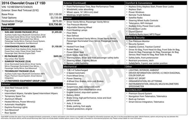 Used 2016 Chevrolet Cruze LT w/ Sun And Sound Package image 4