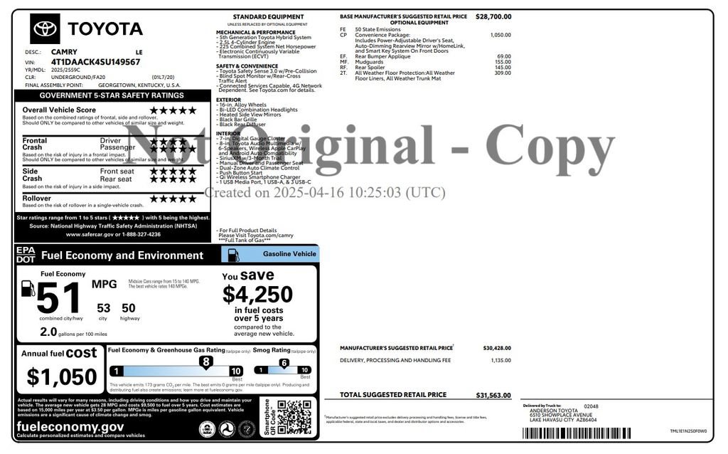 Used 2025 Toyota Camry LE w/ Convenience Package FWD image 3