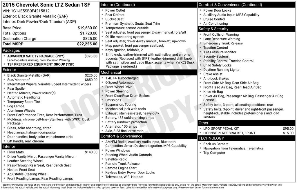 Used 2015 Chevrolet Sonic LTZ w/ Advanced Safety Package FWD image 3