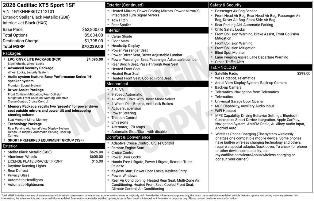 New 2026 Cadillac XT5 Sportv w/ LPO, Onyx Lite Package AWD/4WD image 13
