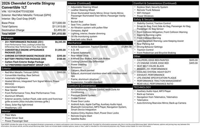 New 2026 Chevrolet Corvette Stingray Convertible w/ Z51 Performance Package image 17