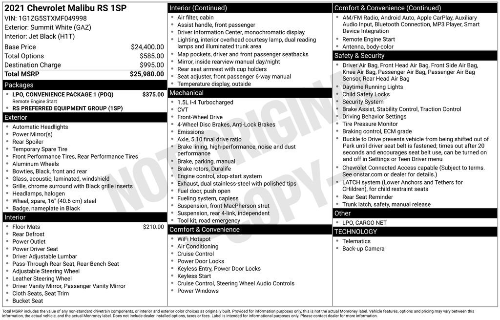Used 2021 Chevrolet Malibu RS w/ LPO, Convenience Package 1 image 30