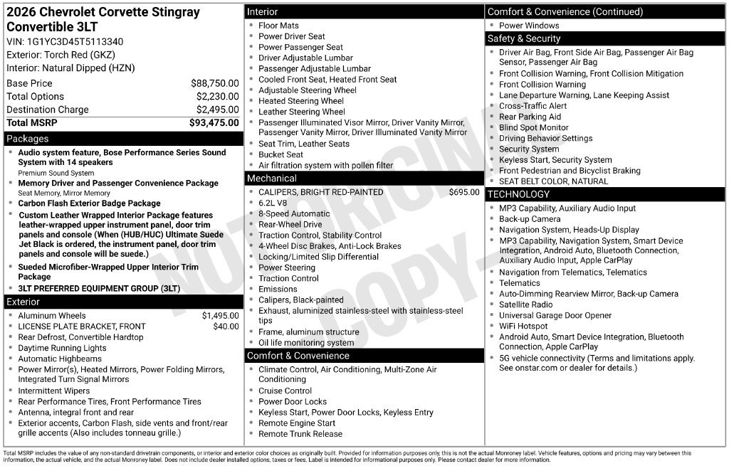 New 2026 Chevrolet Corvette Stingray Premium Conv w/ 3LT RWD image 5