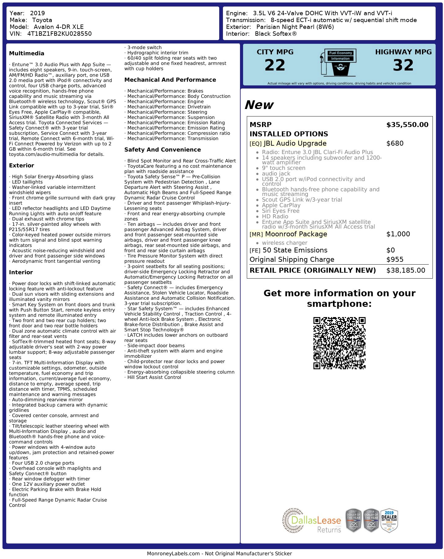 Used 2019 Toyota Avalon XLE w/ Moonroof Package image 3