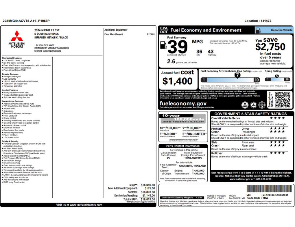 Used 2024 Mitsubishi Mirage ES image 2