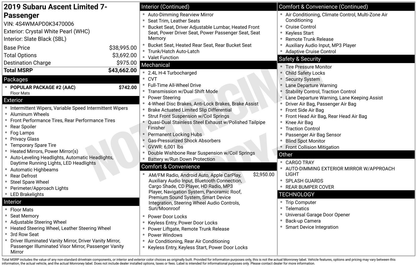 Used 2019 Subaru Ascent Limited w/ Popular Package #2 image 64