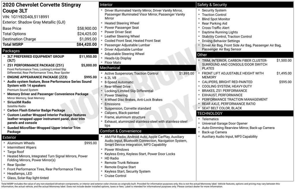 Used 2020 Chevrolet Corvette Stingray Premium Cpe w/ 3LT Preferred Equipment Group image 2